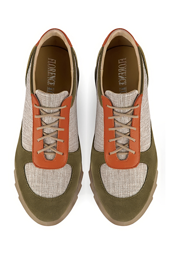 Khaki green, natural beige and terracotta orange women's three-tone elegant sneakers. Round toe. Low rubber soles. Top view - Florence KOOIJMAN